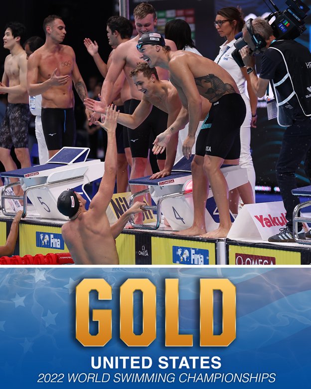 Carson Foster celebrating Gold Medal winning relay with teammates at World Championships. Carson Foster celebrating Gold Medal winning relay with teammates at World Championships.